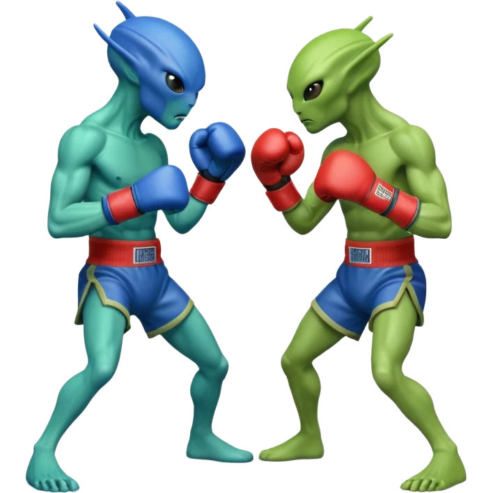 two aliens boxing in a fight stance, facing each other with raised gloves, dynamic action pose, intense expressions, sci-fi arena vibe, 3D cartoon style, mobile game icon style, clean background, no text, no watermark
 emoji