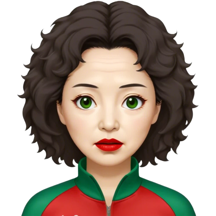 Han Mi-nyeo: Age Late 80s
Appearance: A crazy woman with many wrinkles face, frizzy, very messy dark brown hair and dramatic red lipstick.
Outfit: Green player tracksuit emoji