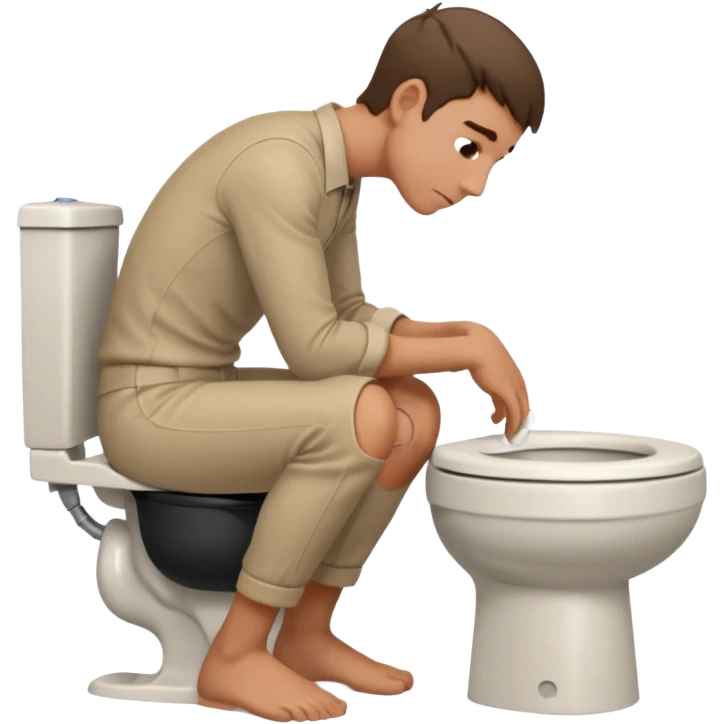 Man siting in a toilet bowl head down hands on the knee the side side view emoji