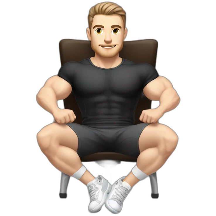 Pale skinned Fit Man With the biceps and dark brown hair in black shirt, gray sports shorts and white Sneakers Sitting on a chair emoji