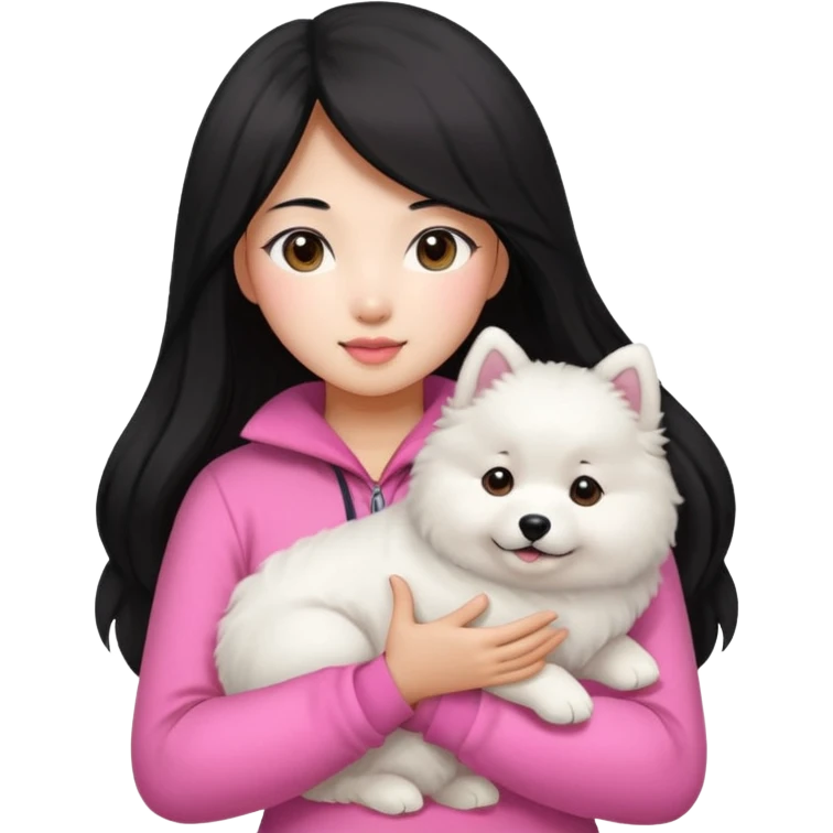A black long hair asian pretty girl with a bright skintone and pink outfit holding a samoyed dog emoji