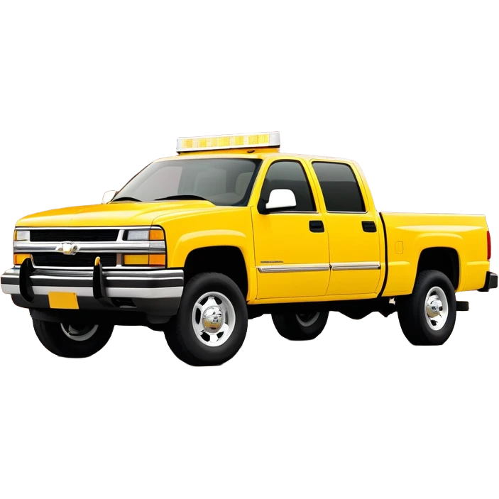 Bright yellow 1997 Chevrolet C-2500 Crew Cab Silverado pickup truck from Kill Bill movie, 30-degree angle view, iconic bright yellow color scheme, four-door crew cab, iOS emoji style emoji