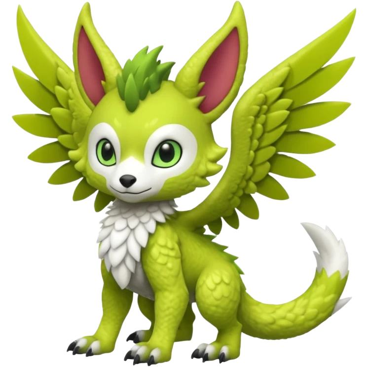 Lime-green furry cute kawaii winged Fakémon-Trico-Scalie-Digimon-Sergal-Protogen-creature (full body) emoji