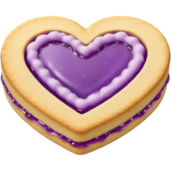 Realistic shortbread cookie in the shape of a heart with Pale Purple color jelly middle filling and sprinkled powder sugar on top. emoji