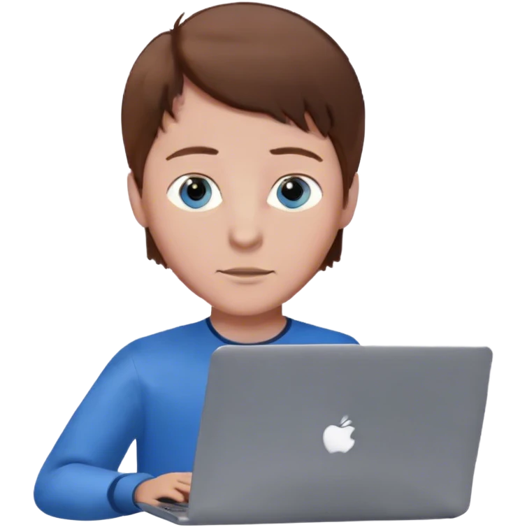 boy with brown hair and blue eyes on a laptop with a notch emoji