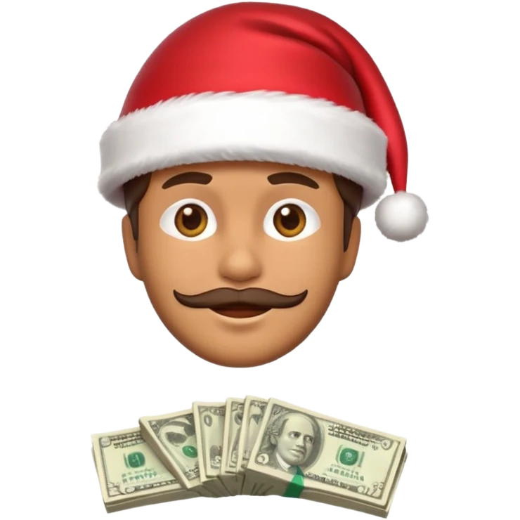 A confident rich emoji face wearing a Santa hat, money stacks, casino vibe, New Year theme, premium 3D emoji style, sharp details, no text, isolated on transparent background emoji