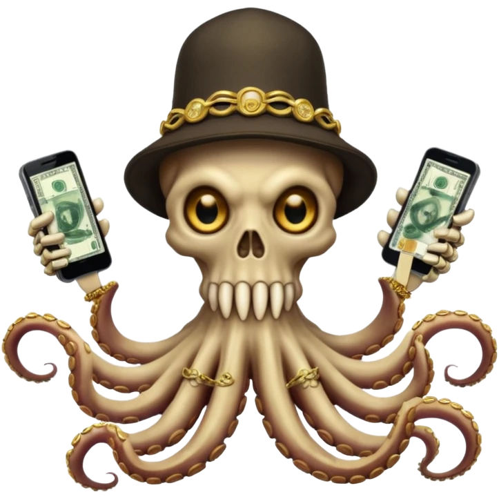 satanic octopus skeleton. Evil looking eyes, wearing a gold necklace and backwards hat. 2 tentacles are holding their own cellphones, 2 other tentacles are holding stacks of cash emoji