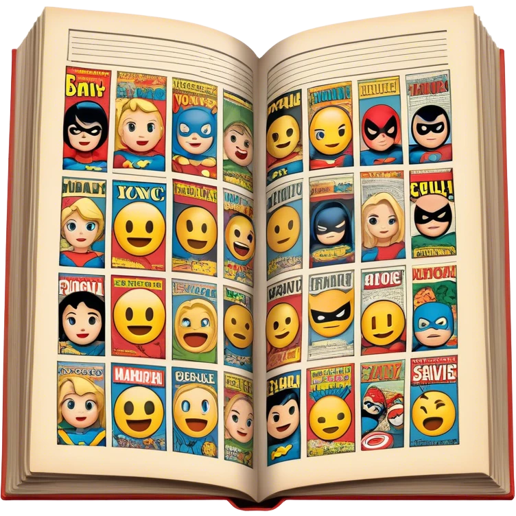 detailed and vintage-inspired emoji representing comic magazines and graphic novels as a storytelling art form. a large, open comic magazine with pages filled with classic American comic book panels. classic feel of old-school comic books a graphic novel. background transparent. No smiles! emoji