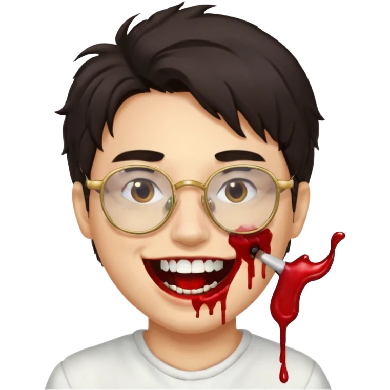 Cabelo bagunçado com oculos sorrindo com metade do rosto com dente de ouro e saindo sangue da boca  emoji