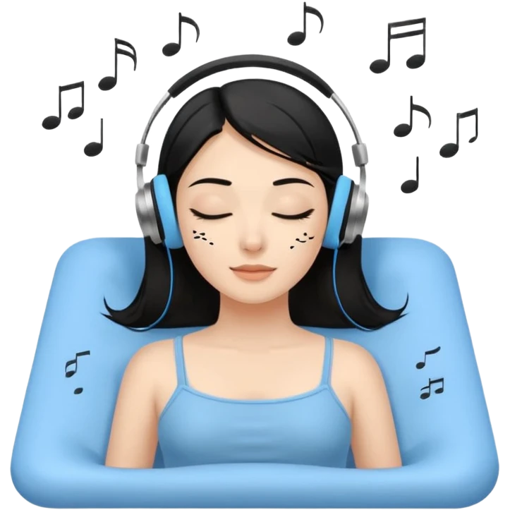 A stylized young woman with black hair lying on a massage table, relaxed, wearing headphones, small musical notes around the head. Flat vector style, thick black outline, simple palette (warm beige-brown tones + accent blue), clean background, high legibility at small size. 72x72, square, vector. emoji