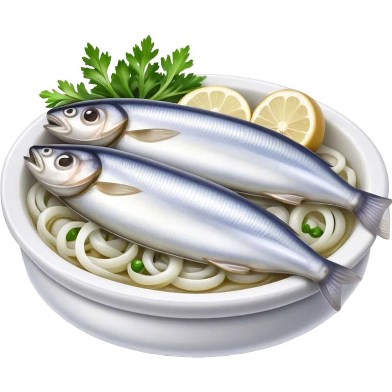 Cinematic Realistic Herring Dish Emoji, showcasing a traditional preparation of fresh herring with onions rendered with lifelike detail and cool, crisp lighting. emoji
