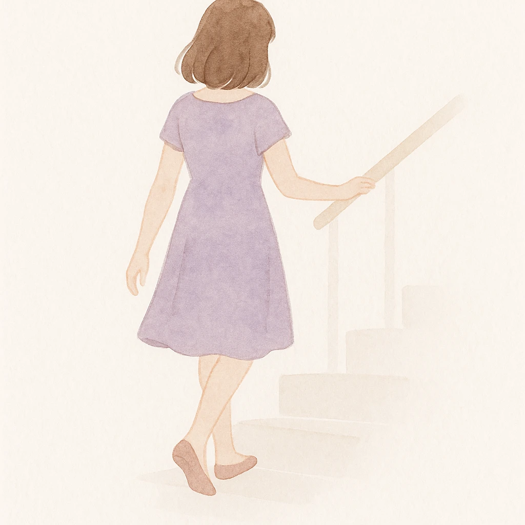 soft watercolor illustration in a minimalist modern style, a girl in a purple dress walking downstairs viewed from behind, pastel colors, delicate linework, gentle whimsical mood, minimal soft shading emoji