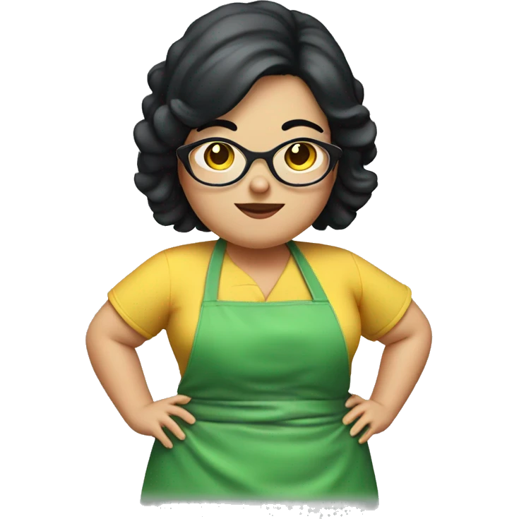 chubby lady with black hair green apron  with glasses cooking  emoji