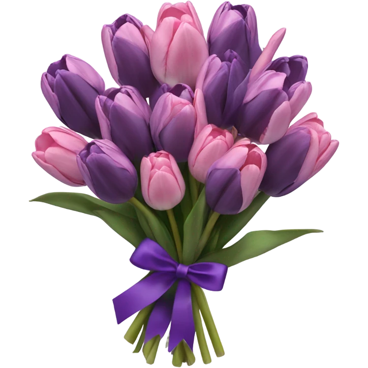 beautiful aesthetic bouquet composed of dark purple and light pink tulips tied with a silk purple ribbon emoji