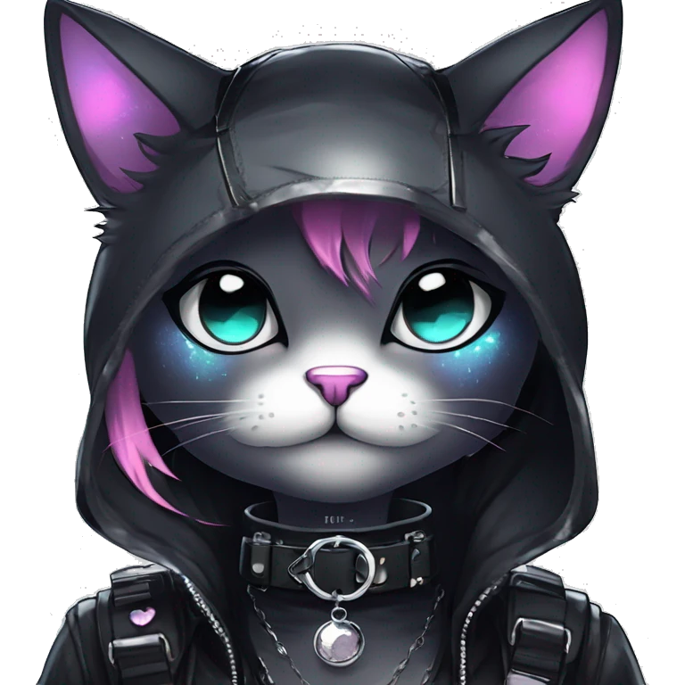 Gorgeous sparkly legendary shiny gradient gothic dark techwear anime style anthro cat with blushing face aesthetic and pretty edgy black with collar and harness trending style emoji