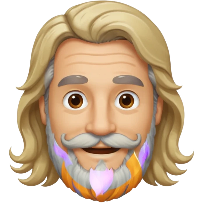 MID AGE MAN WITH LONG BLOND, GREY & bROWN WAVY HAIR; AND BROWN & GREY MOUSTACH AND BEARD, SMILE emoji