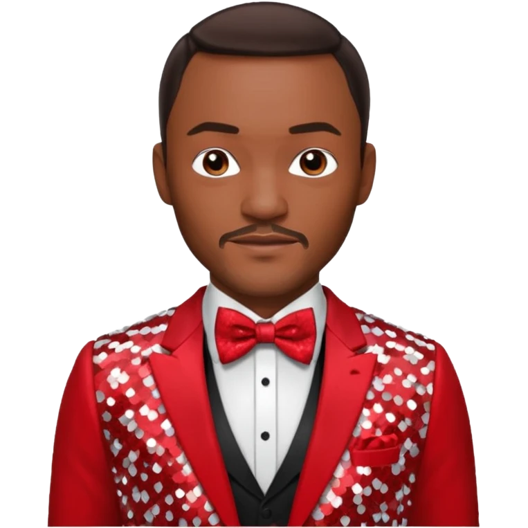Anthony Mackie with dark brown hair, red shirt, white sequin suit jacket with bow tie emoji