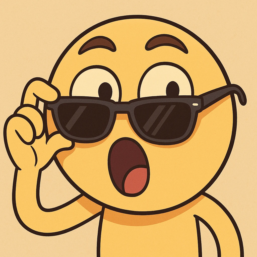 a stylish emoji character sliding sunglasses down, mouth open as if saying 'PDM', vibrant and expressive emoji