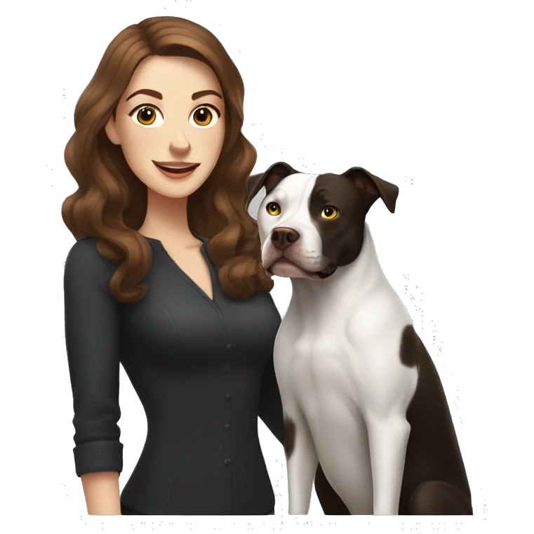 white woman with long brown hair and cat shaped eyes standing alongside a happy black pitbull  emoji