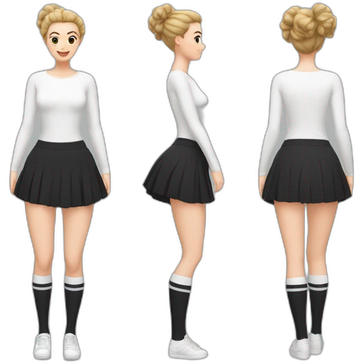 full-body-caucasian-curvy-beauty-jumping-short-black-skirt-back-and-front-views-strong-wind-white-knickers-long-white-socks emoji