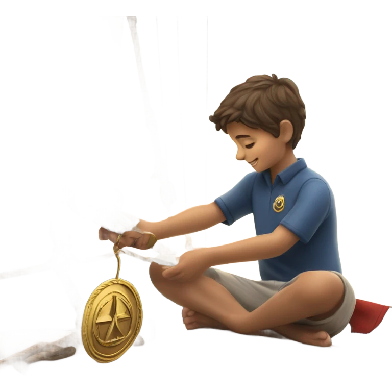 boy puts medal on his sailing boat emoji