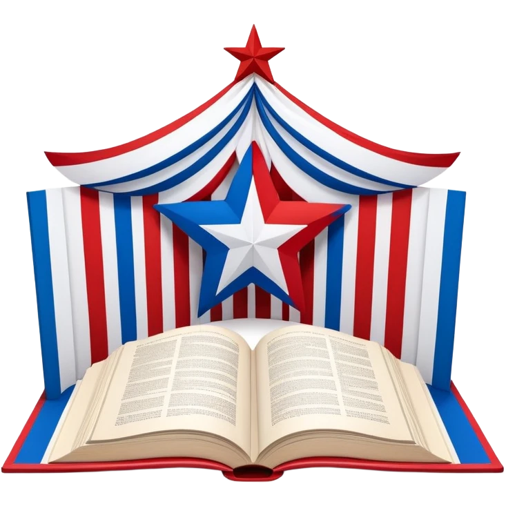 Theater scenography book with pages forming the Puerto Rican flag design, red and blue stripes with white star, showing stage elements and set designs emoji