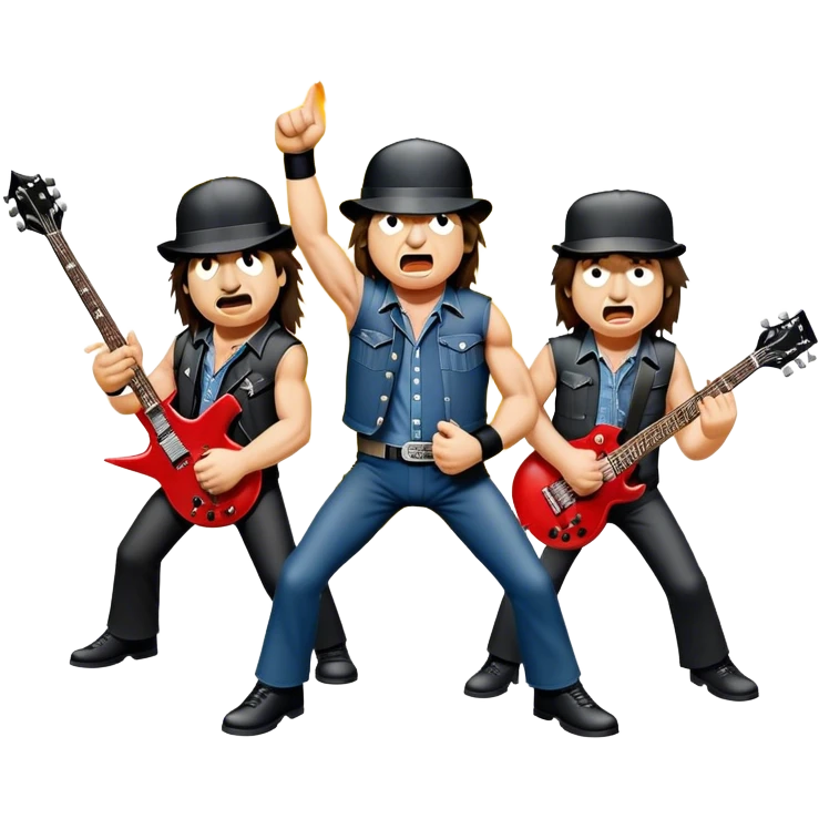 Cinematic Realistic AC/DC Band Emoji, depicted as a high-energy rock ensemble with electrifying stage presence and gritty textures, rendered with bold vibrant lighting that captures the raw power and rebellious spirit of their music. emoji