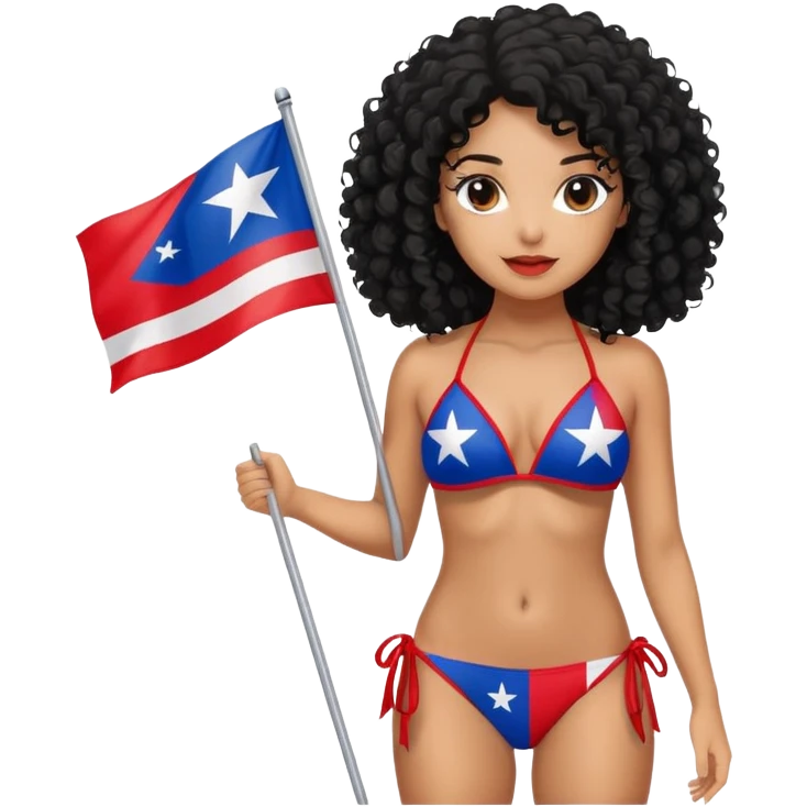 Tan skin girl with black curly hair holding a Puerto Rican flag while wearing a bikini emoji