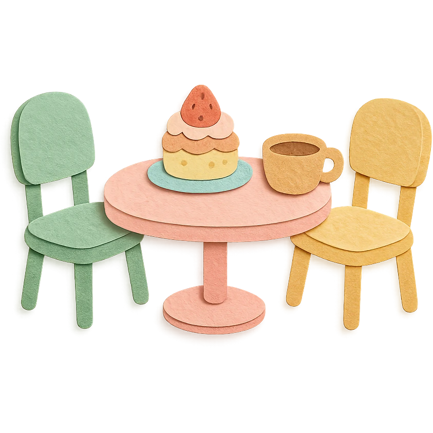 kawaii coffee shop table and chairs set with dessert and coffee, soft pastel hand-drawn illustration emoji