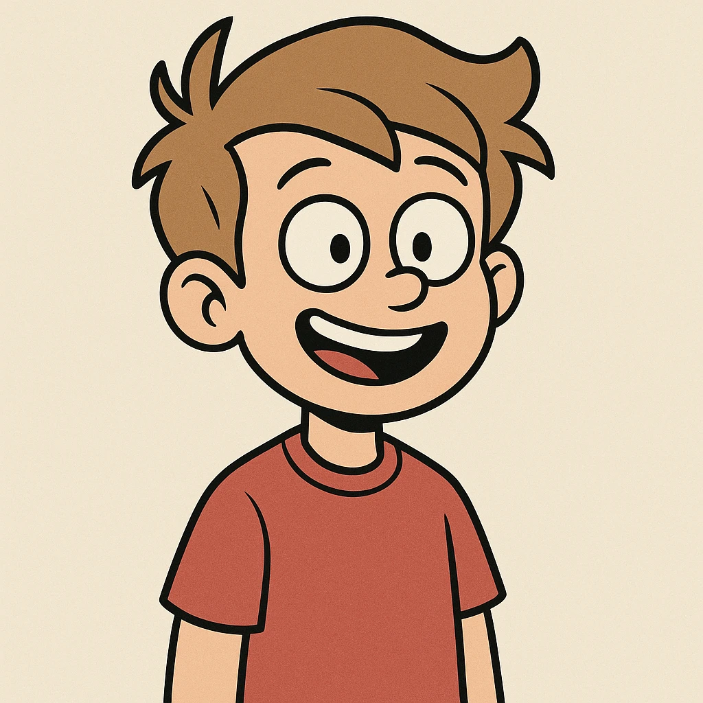 young boy, brownish blonde hair, red shirt, cheerful, clean background, cartoon style emoji