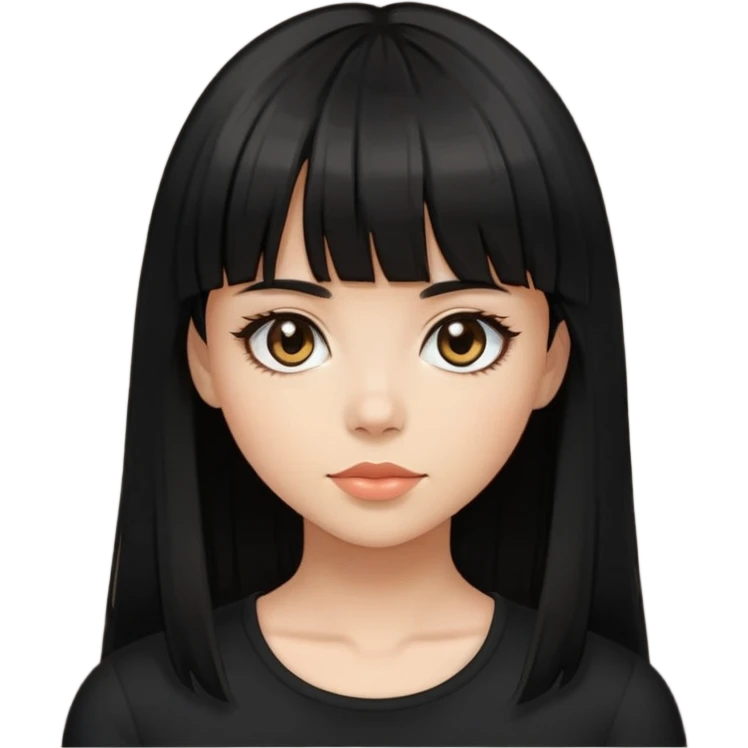 ios 18 emoji girl with medium long black hair with bangs,hazel eyes, slim, has a black top on  emoji