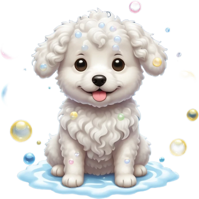 white curly dog with soap bubbles emoji