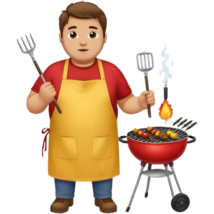 chubby man messy hair and dirty yellow shirt and a red apron grilling bbq and skewers on a sizzling grill emoji