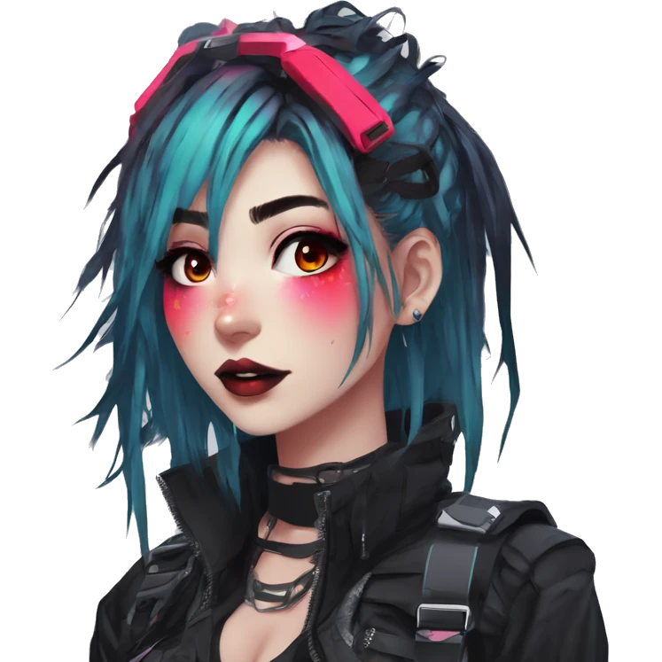 Gorgeous bright colorful neon gothic techwear anime style lady with blushing face aesthetic and pretty edgy black red punk messy hair with collar and harness trending style emoji