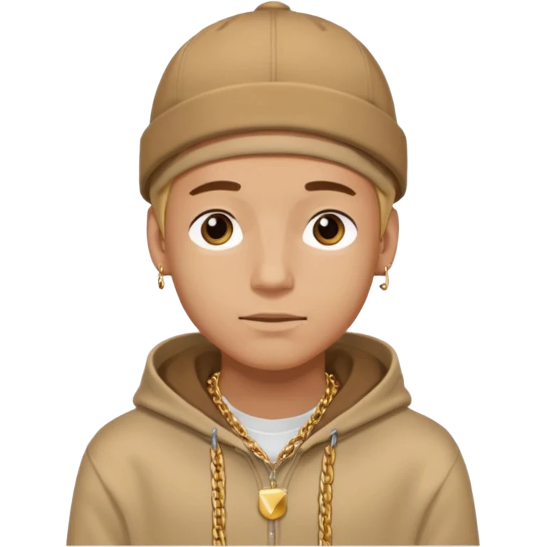 {
  "type": "human",
  "look": "male, tan hoodie, brown cap, gold jewelry, calm face, front view",
  "description": "a young man wearing a hoodie and cap, looking relaxed and confident"
} emoji