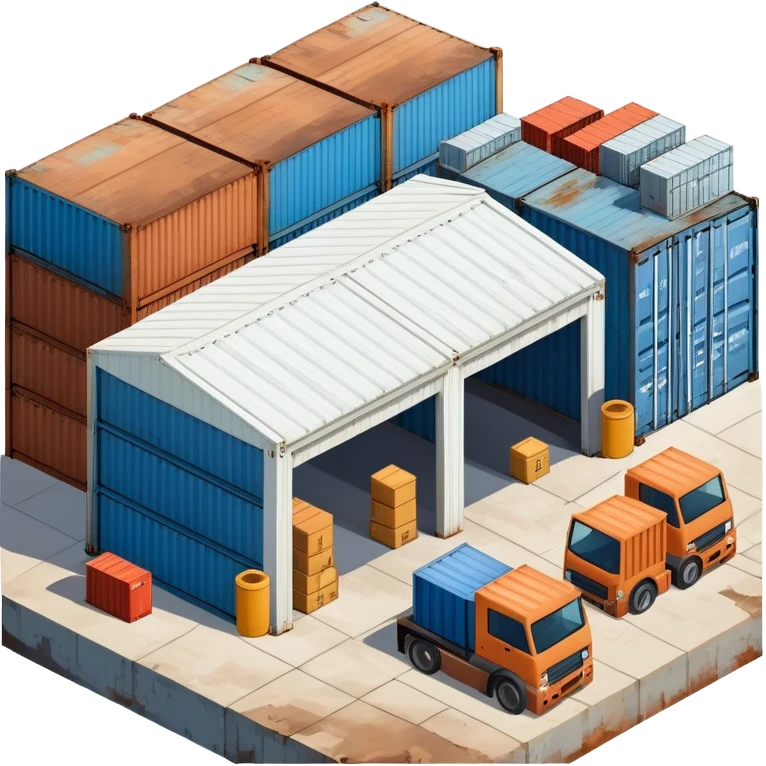 Isometric industrial warehouse with shipping containers outside and loading bay emoji