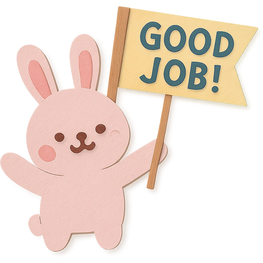 baby pink bunny waving a "Good Job!" flag, paper-craft style emoji