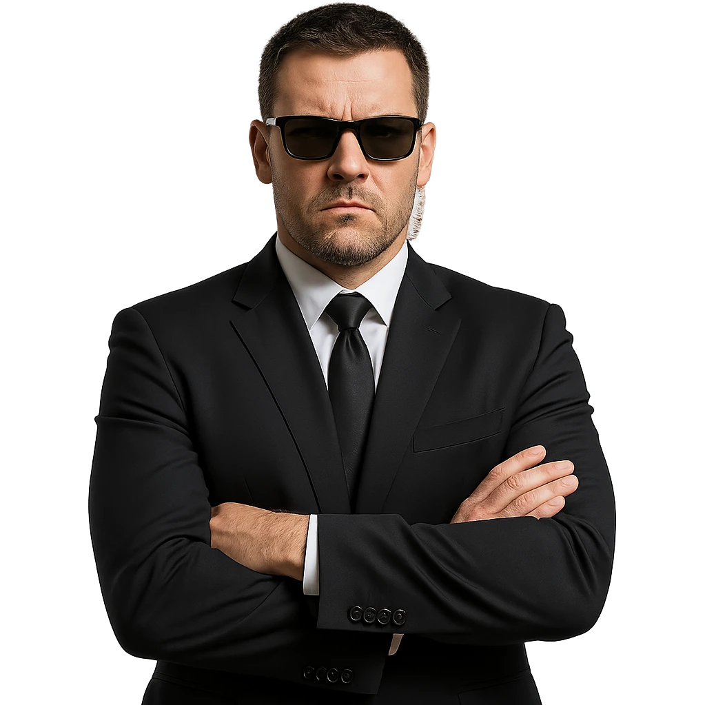 bodyguard with tough expression, wearing black suit, sunglasses, and earpiece, standing confidently emoji