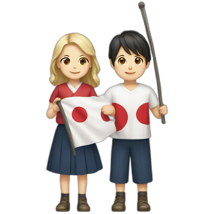 boy and girl holding Japanese flag emoji