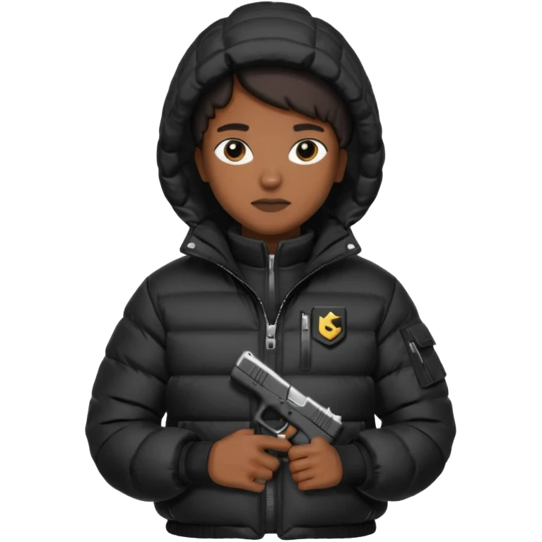 african american wearing a black puffer jacket with the hood on and holding a glock 26 emoji