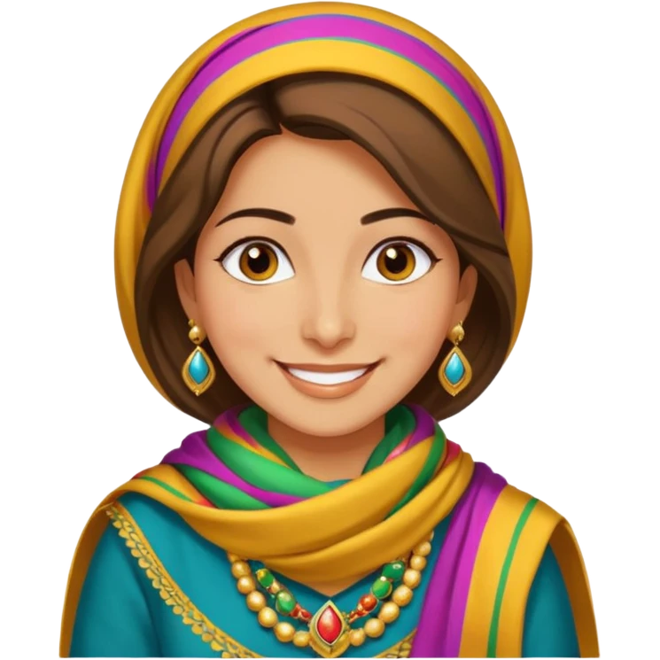 Kurdish woman in traditional dress, colorful scarf, gold jewelry, smiling, simple background emoji
