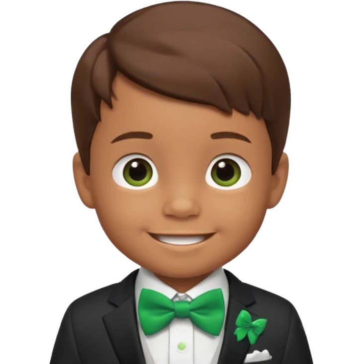 baby cute boy 5 years old, brown hair in suit, with green bow, smile emoji