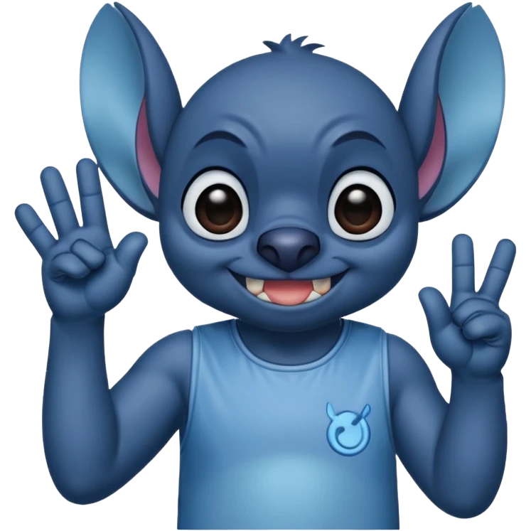 Tired looking stitch with dark circles around his eyes making a victory hand emoji