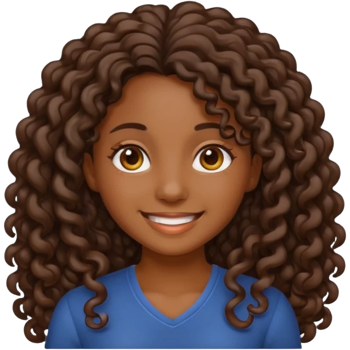 sticker style iPhone emoji of a dark-skinned girl with long curly hair, smiling, transparent background emoji