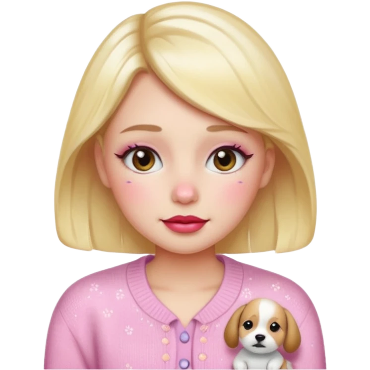“Emoji girl, dewy skin, flushed blush across cheeks and nose, glossy cherry lips, soft puppy eyeliner, slightly teary sparkling eyes, wearing pastel cardigan.” emoji
