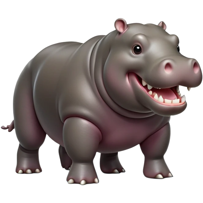 cinematic-hippo-realistic-full-body side view-standing on all fours-emoji,-massive-round-frame,-wide-mouthed-grin-exposing-huge-teeth,-head-tilted-dramatically,-thick-greyish-brown-hide-glossy-from-water,-simplified-yet-realistic-focused-features,-highly-detailed,-glowing-with-an-almost-sarcastic-glow showing only 4 theeth emoji