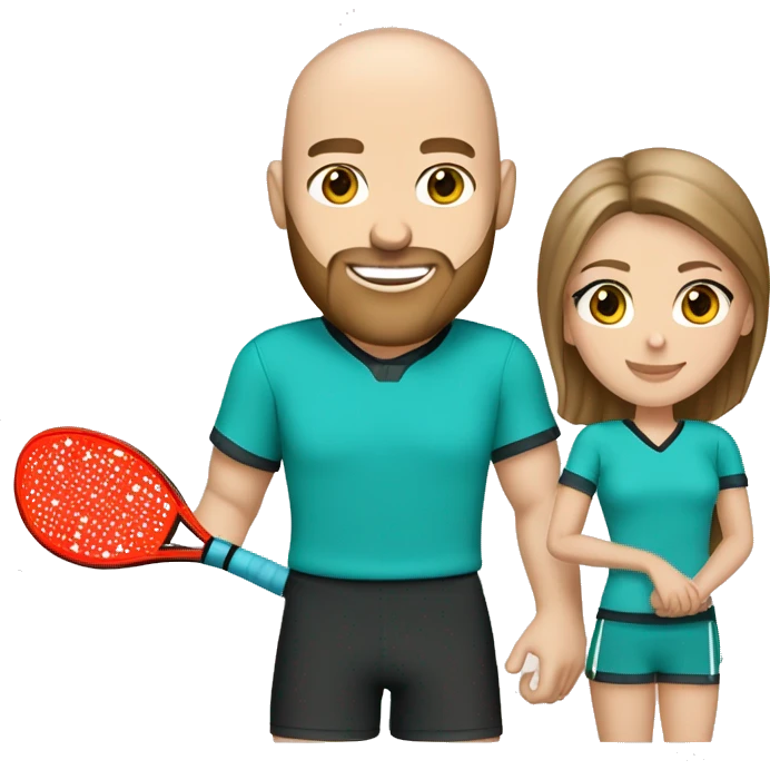 beautiful couple. woman, straight light brown hair, aqua eyes.  male, handsome, bald, beard, aqua eyes. Pickleball clothes  emoji