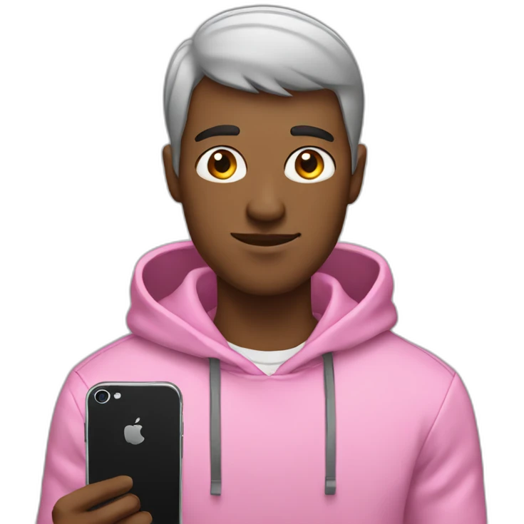 guy with a pink hoodie and black short hair holding an iphone emoji