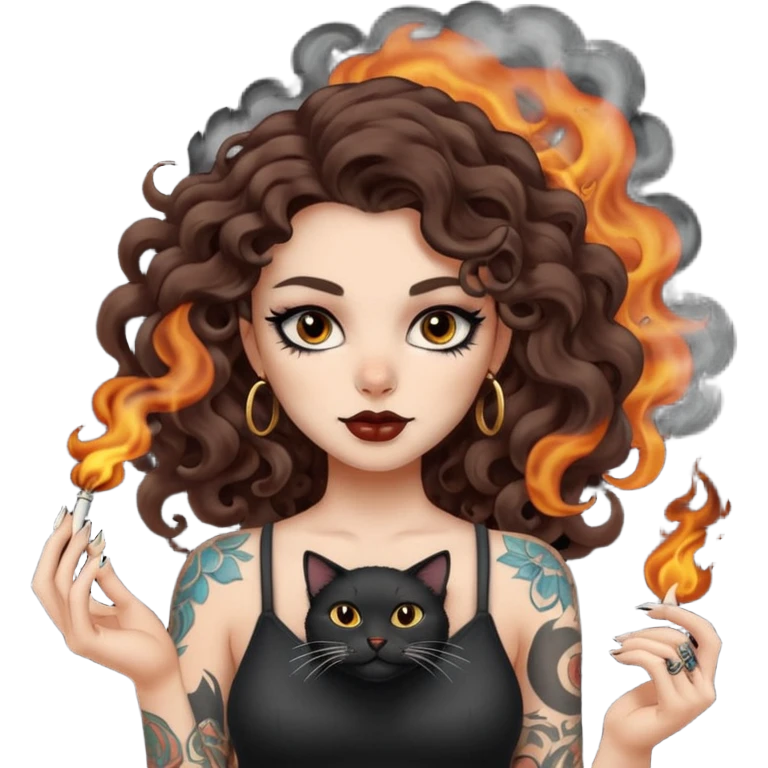 woman with long curly brown hair, brown eyes, white skin, tattoos, black cat turning into smoke and back emoji