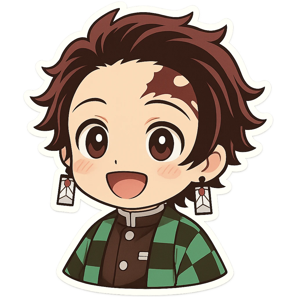 Tanjiro Kamado from Demon Slayer, chibi style, big eyes, green and black checkered haori, hanafuda earrings, smiling emoji